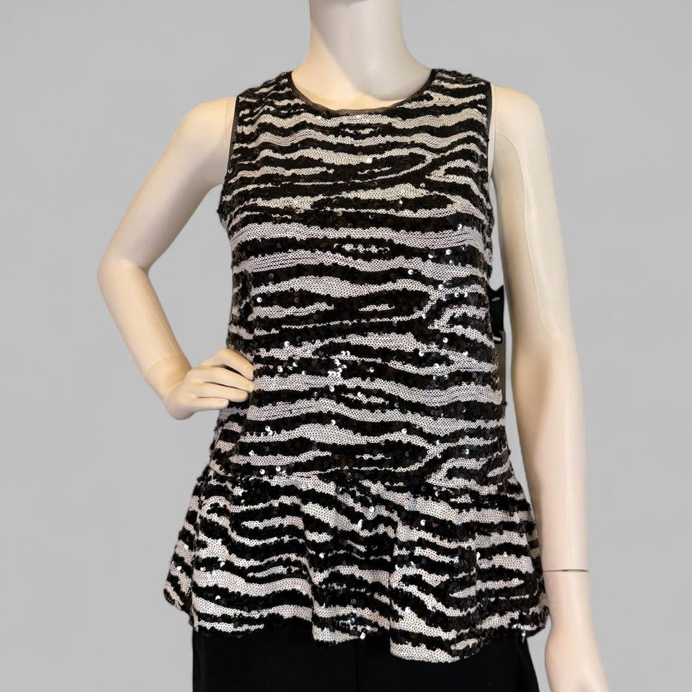 BB Dakota Womens Zebra Sequin Peplum Tank Top Black White BD44070 Small NWT